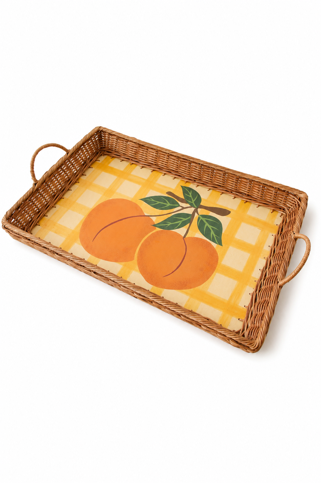 Grand plateau osier métal motif pêches vintage été