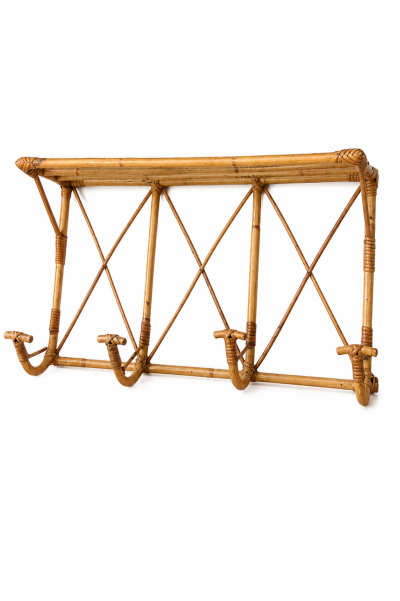 Porte-manteau en rotin vintage 4 patères avec étagère ajourée